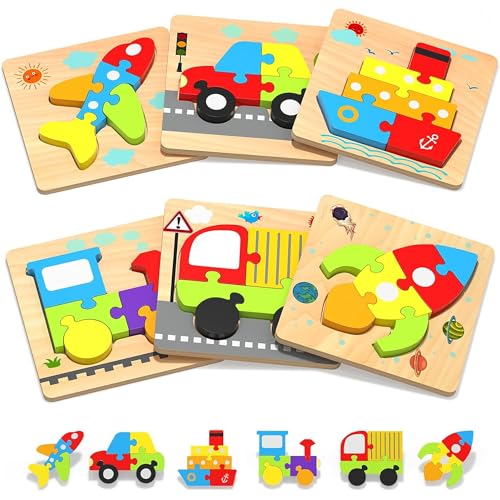 Image of Kidology 3D Wooden Puzzle Learning Toy Set for Toddlers - 6 Vehicle Shape Puzzles Blocks, Educational Fun Playset - Color & Shape Recognition Montessori Toy for Kids