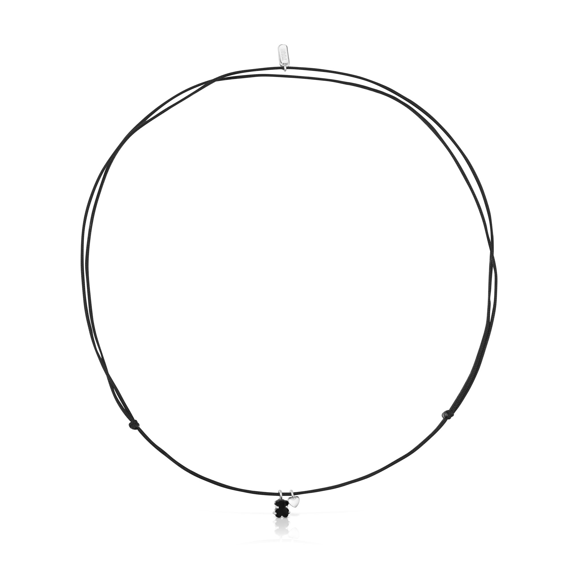 TOUS Collar de Plata de Primera Ley y Cordón con Motivo Corazón y Oso en Ónix para Mujer, 75cm de Largo, Colección Mini Color