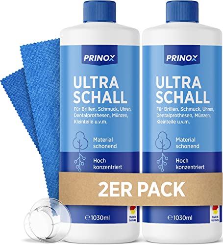 PRINOX® Ultrazvukový čistič koncentrát 2 x 1030 ml vč. hadříku z mikrovlákna I extrémně vydatný pro 700 koupelí na láhev – na brýle, šperky, udidlo, malé díly – ultrazvukové přístroje, ultrazvukové lázně