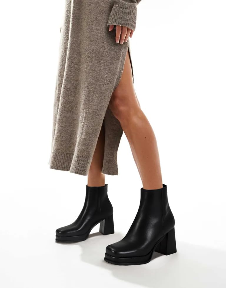 Women's Black Leather Platform GoGo Ankle Boots Square Toe High Chunky Block Heels with Back Zipper Comfort Party Dress Booties Shoes2