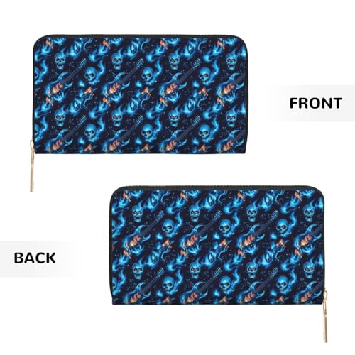 Blue Flame Skull Guitar Print Wallet Women Men, Long PU Leather Wallets for Women, Cute Womens Travel Wallet Purse Pouch with Zipper Pocket2