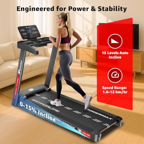 Image of PowerMax Fitness TDA-230 5HP DC Motorized Foldable Auto Incline Treadmill for Home, Max user 140kg, Top speed 14km /hr, Running deck 1200x420mm Foldable machine, LED display, ipad & Mobile holder