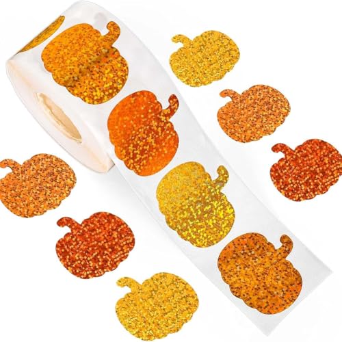 500Pcs Fall Thanksgiving Pumpkin Stickers Roll - Laser Pumpkin Shaped Self-Adhesive Stickers 3 Orange Sparkly Waterproof Decals for Easter Autumn Party Cards Seal Envelopes Supplies Scrapbook Decor