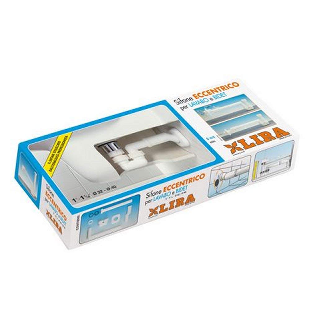Lira Sifone Salvaspazio per Lavabo e Bidet con Attacco 1″ e 1″ 1/4 (Diam. 32 e 40), Sifone Eccentrico per Lavandino Bagno e Bidet