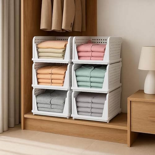 Image of JD FRESH 6 Pieces Stackable Wardrobe Organizer for Storage /Foldable Cupboard Storage for Clothes /Polypropylene Multipurpose Space Organizer Rack /Adjustable Sliding Drawer - White