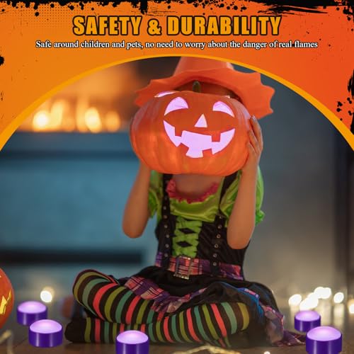 Image of Riakrum 6 Pieces Halloween Remote Timer LED Lights with Remote Summer Halloween LED Pumpkin Lights Battery Operated Lantern Bright Flameless Candle(Purple,Purple Light)