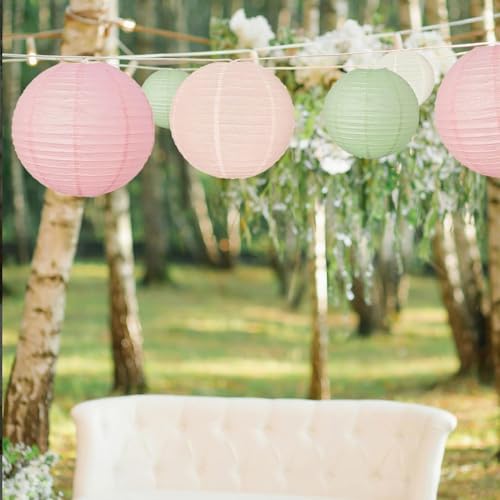 Image of Sage Green Pink Paper Lanterns Decorative 12pcs Wedding Hanging Decorations for Bridal Shower Birthday Rustic Party Neutral Baby Shower Sage Green Home Decor