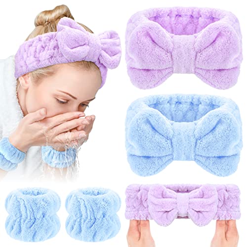 Chuangdi 4 Pcs Microfiber Headband Spa Wristbands and Wrist Bands for Washing Face Cuffs Towel Wristbands Hair Headband Face Wash Cuffs for Women Makeup(Light Blue, Purple)