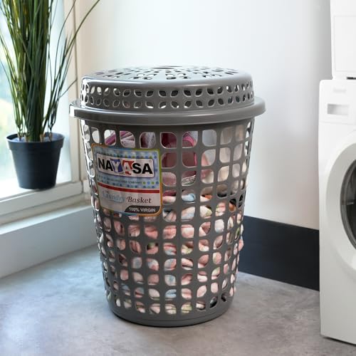 Image of Nayasa Plastic Laundry Basket with Lid - 44 Ltrs | Ventilated Clothes Hamper with Easy-Grip Handles | Clothes & Toy Storage Organizer |(Round Petal) Grey