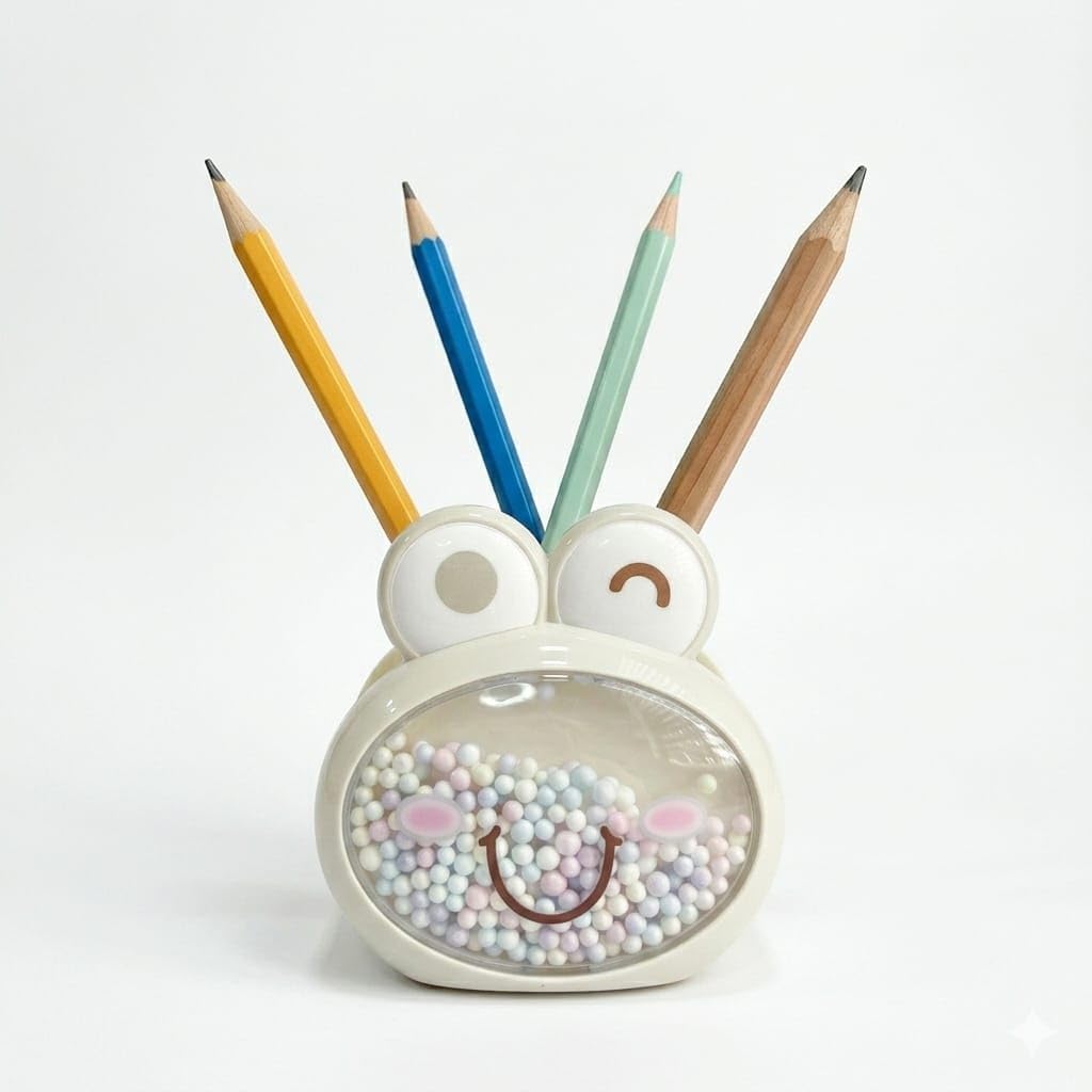 Confetti Frog Pen Stand Pencil Holder for kids, Cosmetic Brushes Holder, Pen Cup for Kids, Office, Desk, School (Cream)