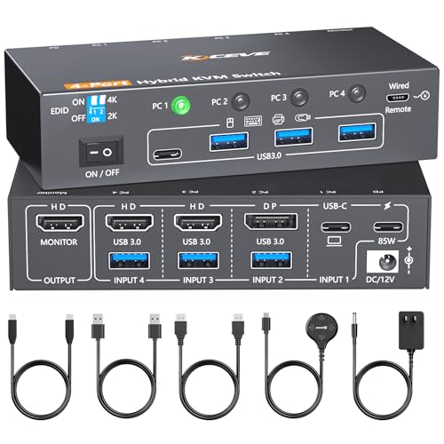 KCEVE 4K KVM Switch 1 Monitors 4 Computers USB-C HDMI DP, EDID Emulator USB 3.0 KVM Switch 4 Port...