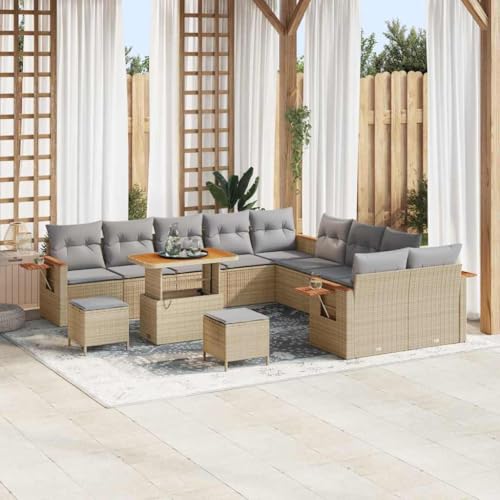 QJBSAVVA Gartensofa 13-Teilig Beige Poly Rattan Ecklounge mit Stauraum...