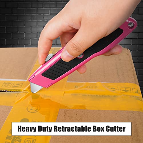 Image of DIYSELF 2 Pack Box Cutter Retractable Heavy Duty Utility Knife, Ergonomic Razor Knife for Warehouse, Office, Exacto Knives Box Opener for Package, Cardboard (Pink)