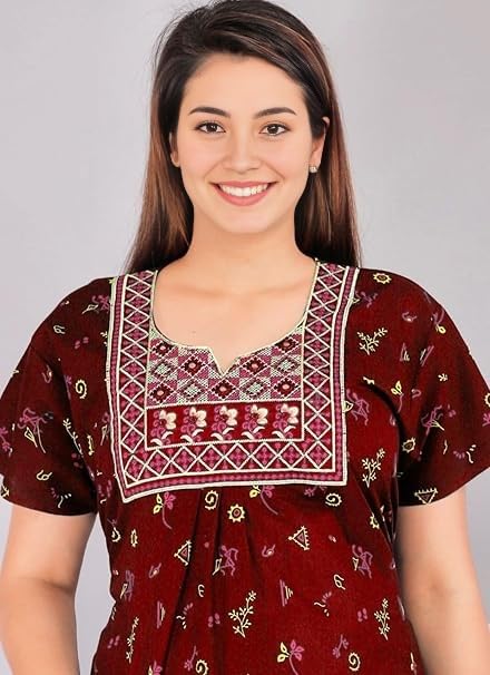 Image of Bresdk Women's Cotton Embroidered Jaipuri Nighty Gown - Pack of 2 Rajasthani Print Maxi Night Dress with Pocket - Soft & Comfortable Ladies Sleepwear & Loungewear