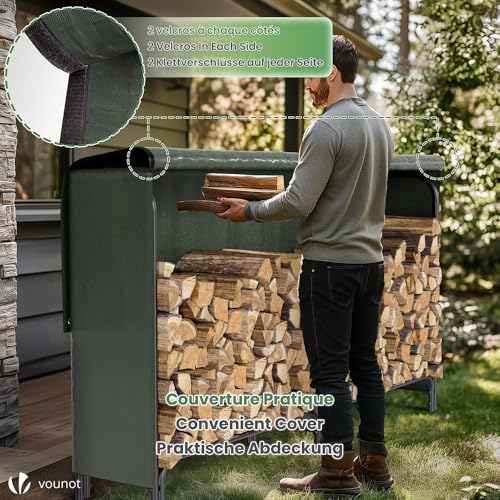 VOUNOT Kaminholzregal Aussen Metall, Brennholzregal Außen, Feuerholzregal Outdoor mit wasserdichte Abdeckung, 200 x 116 x 36 cm, Schwarz