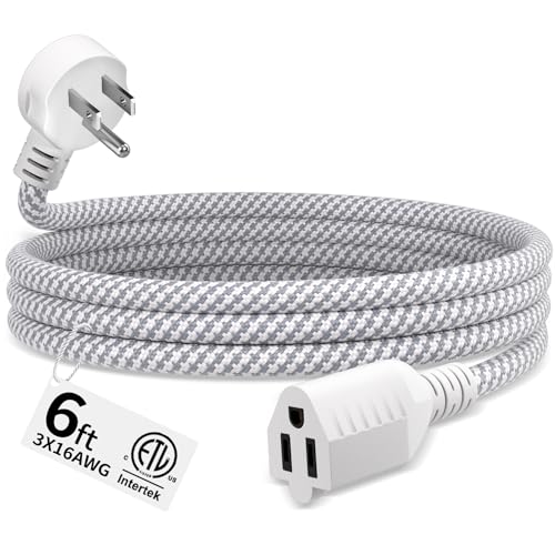 Seeklyze 16 Gauge Braided Extension Cord 6 FT 16/3 Flat Plug Power Cord Indoor 3 Prong White Extension Cable Flexible for Home Dorm Room Essentials 13A 125V 1625W ETL Listed
