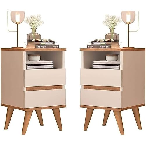Kit 2 Mesas de Cabeceira Pop Off White/Nature 2 Gavetas Quarto Cama | Criado Mudo Moderno, Para Quarto, 2 Peças, Design Pop, 2 Gavetas por Mesa