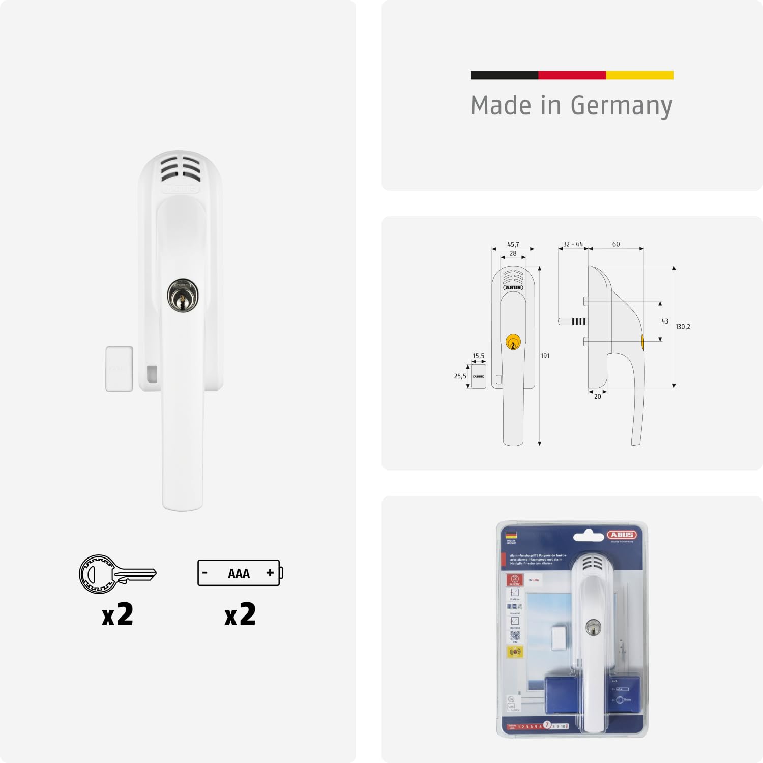 ABUS Tirador de ventana con cerradura FG300A AL0145 – Pomo para ventana con cilindro de presión y función de alarma, cierre uniforme, nivel de seguridad ABUS 7 – 71900 – Blanco