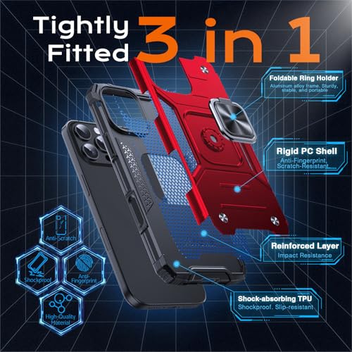 Image of Anqrp Heavy Duty Case for iPhone 16 Pro Case with Enhanced Ring Holder Grip Stand, Military Grade Shockproof Rugged Drop Protective Silicone Hard Slim iPhone 16 Pro Phone Case Cover,Corail Red