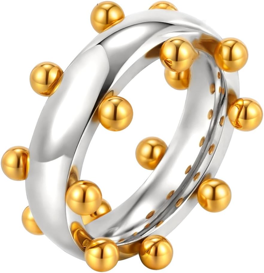 Kokoma Minimalist Bold Stacking Ring for Women, Stainless Steel Beaded Balls Statement Ring Chunky Finger Band Promise Rings Comfort Fit