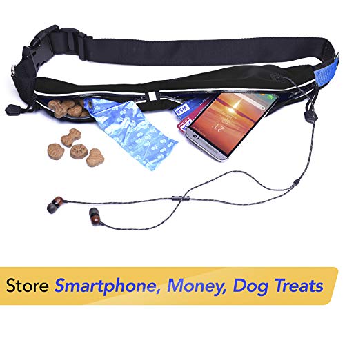 Paw Lifestyles Retractable Hands Free Dog Leash W/Smartphone Pouch – Dual Handle Bungee Waist Leash For Up To 150 Lbs Large Dogs (Black - Blue W/Smartphone Pouch) #TOP1