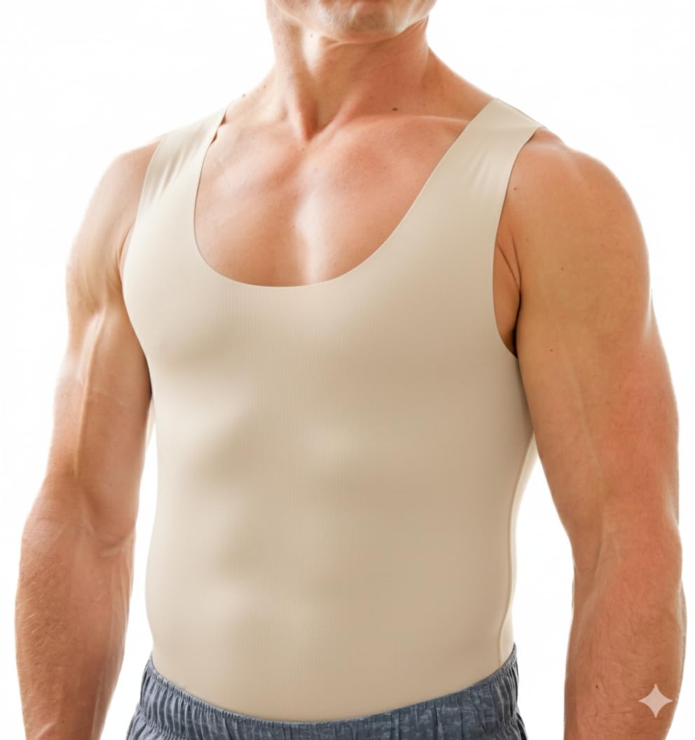 Esteem Apparel Mens Compression Shirt for Chest and Body Shaper Belly Slimming Shapewear Undershirt Tank Top for Men, Beige, Large