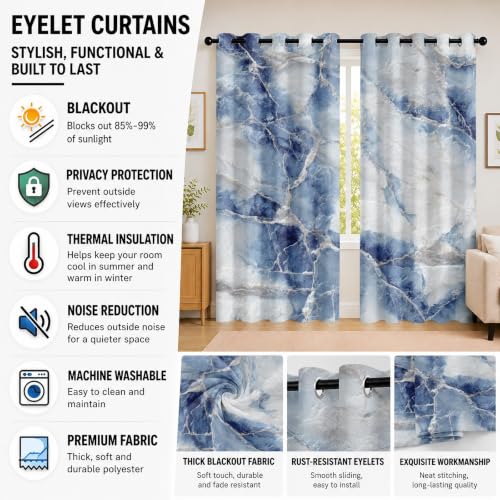 Draperies d’intimité à oeillets bleu et blanc occultantes pour isolation fenetre