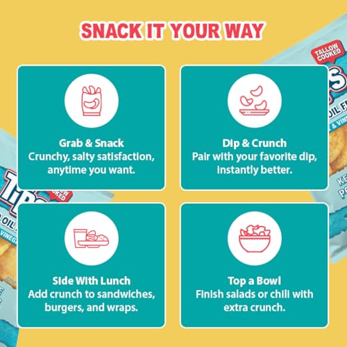 Image of TIPS Potato Chips - Snack Pack - Tallow Cooked - Seed Oil Free & Gluten Free - Kettle Style Potato Chips Made with Potatoes, Beef Tallow, and Sea Salt (5oz 4 Pack, Salt & Vinegar)