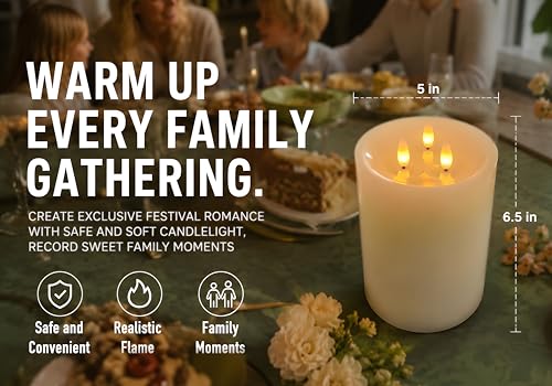Image of 3-Wick Flameless Pillar Candle with Remote Timer, 3D Moving Flame Real Wax Led Candles (Ivory with Art Water top, 6.5in)