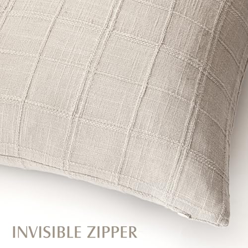 Image of Foindtower Set of 2 Decorative Linen Check Throw Pillow Covers Neutral Farmhouse Vintage Cushion Covers Modern Boho Home Decor for Sofa Chair Couch Bedroom Living Room,22x22 Inch,Natural Linen