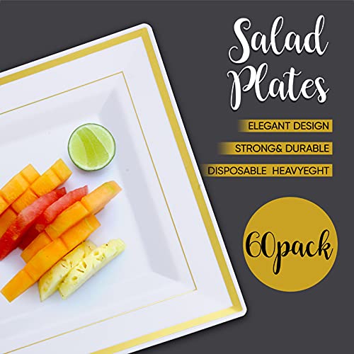 Jolly Chef 60 Pack Plastic Dinner Plates- Square Gold Plastic Plates With Elegant Gold Rim 9.5 Inch Disposable Plates For Wedding, Birthday, Halloween And Party #TOP1
