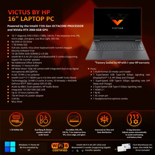 Image of HP Victus 16 Laptop Mica Silver Intel Core i7- 11800H, 16 GB RAM, 1 TB SSD, 16.1 inch 144Hz 300 Nits FHD, 6GB Nvidia GeForce RTX 3060, Windows 11 Home Adv, Wi-Fi 6, 4 Cell, B&O Audio, 64 GB TW Pen Drive