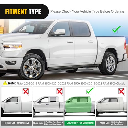 Image of Nilight Running Boards Compatible for 2009-2018 Dodge Ram 1500 Crew Cab 2019-2024 1500 Classic 2010-2024 2500 3500 4 Inch Drop Side Steps Bolt-on Black Powder Coated Nerf Bars
