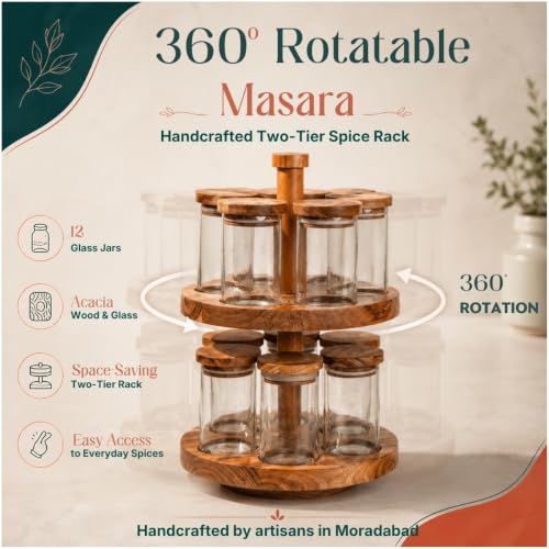 Image of Masara Rotating Spice Rack with 12 Glass Jars & Airtight Acacia Wood Lids | 360 Wooden Masala Stand Organizer | 240ml Jars | Kitchen Spice Storage Carousel | 10 x 10 x 14.5 Inches