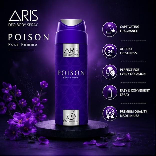 Image of Aris Deodorant Body Spray - Poison, 200ml | Long lasting deo for Woman | USA