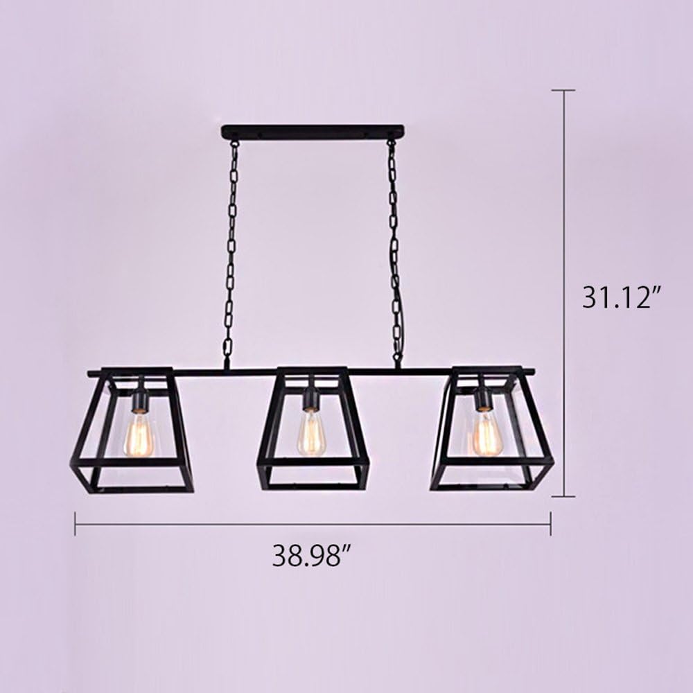 Adjustable Industrial Retro Hanging Island Light - LITFAD 40" Wide Three Light Antique Vintage Chandelier Pendant Light with Square Glass Shade