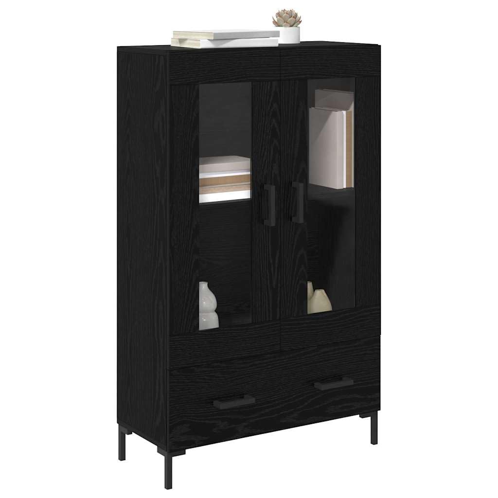 Meuble haut noir aspect chêne en bois 69,5 x 31 x 115 cm avec tiroir, portes, pieds en métal pour salon, salle à manger, bureau, rangement moderne et espace de rangement