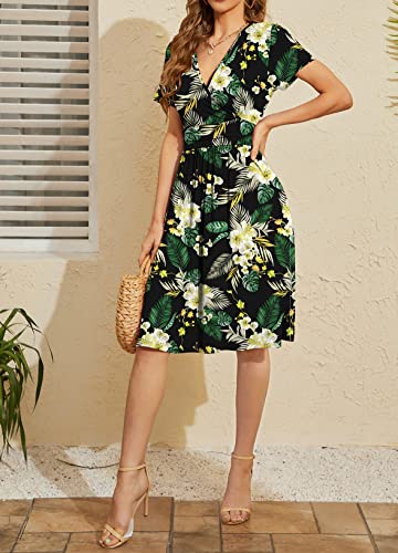 Image of WEACZZY Women's Summer Short Sleeve Casual Dresses V-Neck Floral Party Dress with Pockets