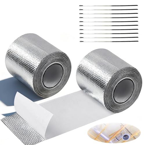 2 Pcs Hitzeschutzband Auspuff, 10M X 5CM Auspuff Dichtband Selbstklebend Hitzeschutzfolie mit 10 Kabelbinder Auspuff Reparaturset für Auto Motorrad FäCherkrümmer Krümmerband