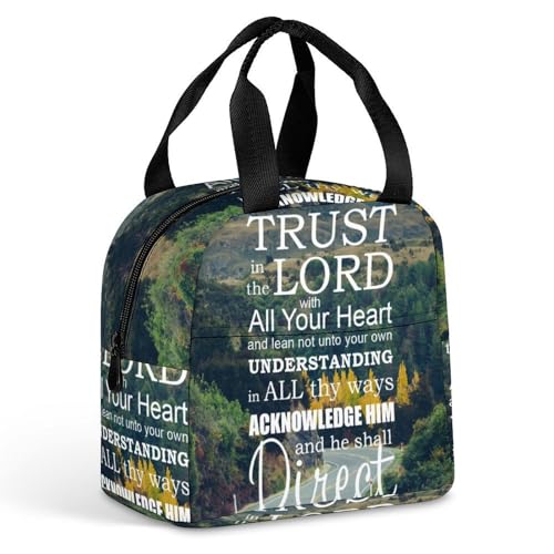 Trust in The Lord with All ThineHeart Inspirational Theme Bible Verse Scripture Photo Cute Lunch Bags for Men And Women, Large Capacity Lunch Tote Bags with Adjustable Shoulder Straps, Reusable Insula