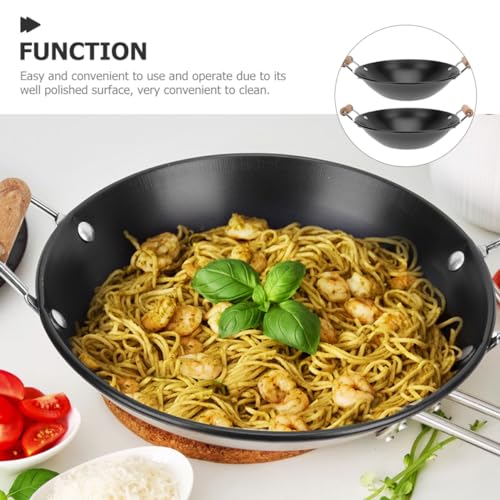Cabilock 2pcs pequeño wok de acero inoxidable con mango doble de madera miniatura 4
