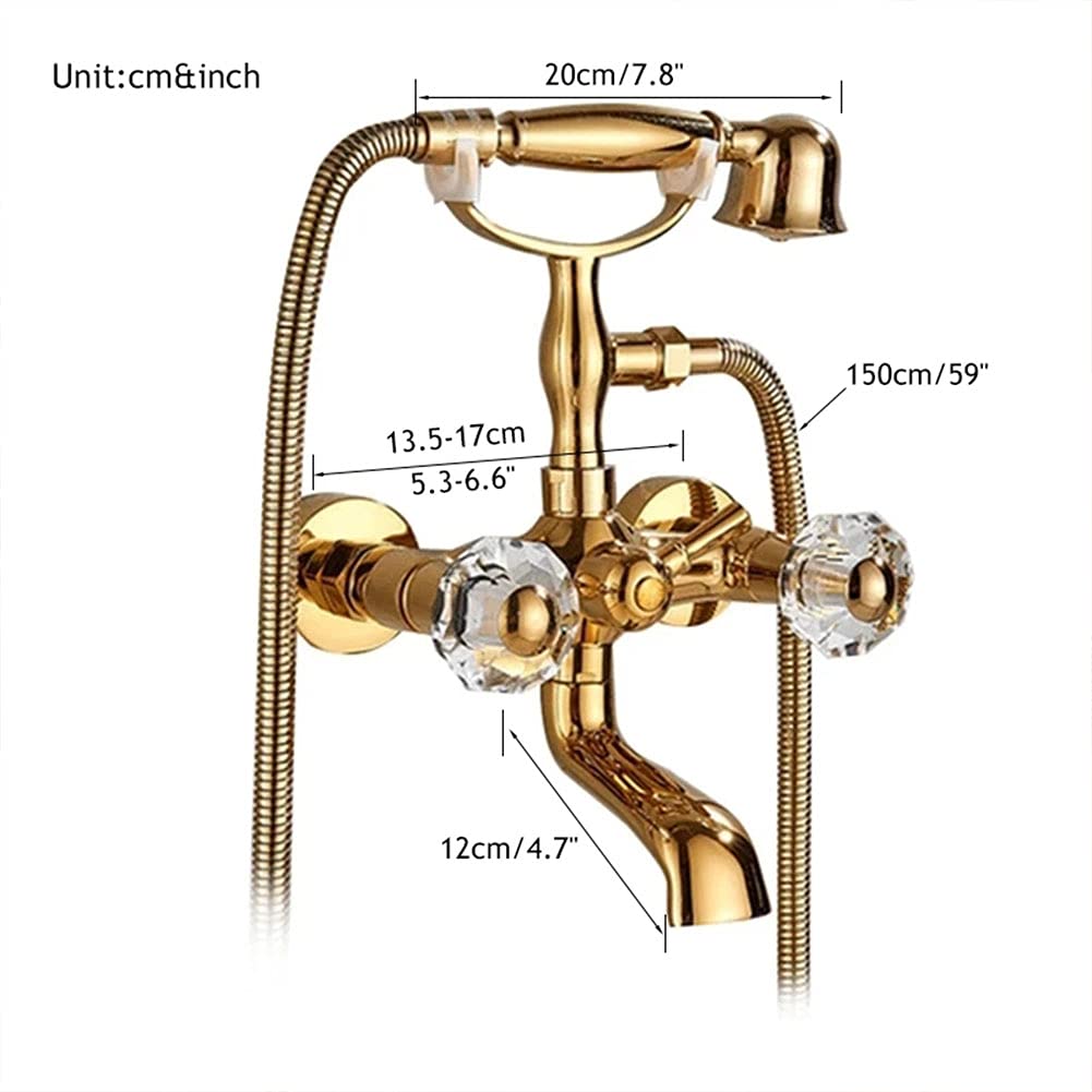 Gx Rubinetto Vasca Bagno con Doccetta, Oro Due Maniglie Rubinetto Miscelatore Vasca A Parete con Supporto E Tubo da 150Cm, Ottone, Anticato