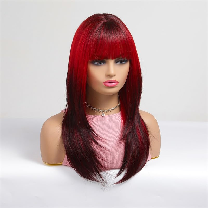 Miniatura 4 de vedar Peluca roja y negra con raíces oscuras con flequillo, longitud al hombro, pelucas sintéticas rectas naturales de color rojo degradado para