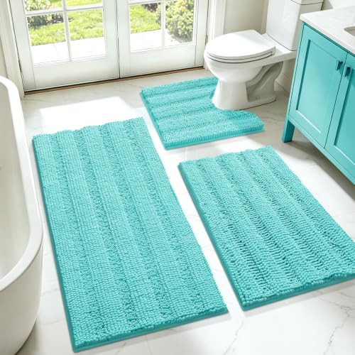 ACCUMTEK Striped Teal Green Bathroom Rug Set 3 Pieces Ultra Soft Non Slip Chenille Toilet Mat Absorbent Plush Shaggy Bath Mats for Bathroom Bedroom Kitchen Turquoise