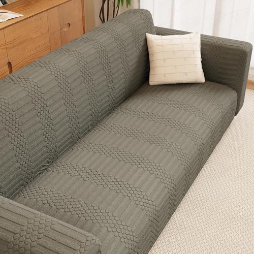 Image of Lukzer 2 Seater Pastel Dark Grey Dotted Stripe Pattern Sofa Cover | 240 GSM Universal Stretch Fit Jacquard Fabric Couch Protector | Fully Covered Anti Slip & Washable Sofa Cover (SC-133-02 /140-180cm)