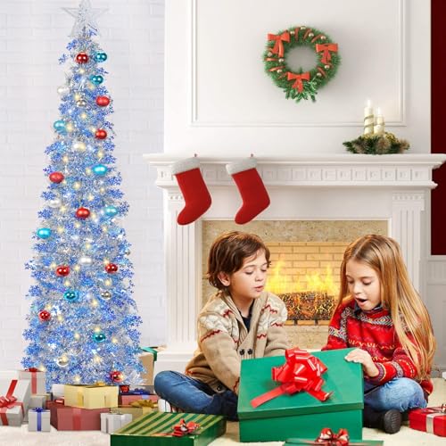 SINTENILL 5 FT Pop Up Christmas Tree with Timer Lights and Decorations, Silver Tinsel Artificial Christmas Tree with 24 Balls Ornaments, Collapsible Pencil Tree for Xmas Home Office Party Decor by SINTENILL - Image 3