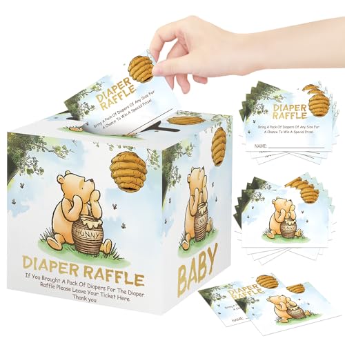 50Pcs Winnie Diaper Raffle Tickets with Box, Diaper Raffle Box Set for Baby Shower, the Pooh Baby Shower Invitations Diaper Raffle Cards, Winnie Baby Shower Decorations, Party Supplies Card Box,