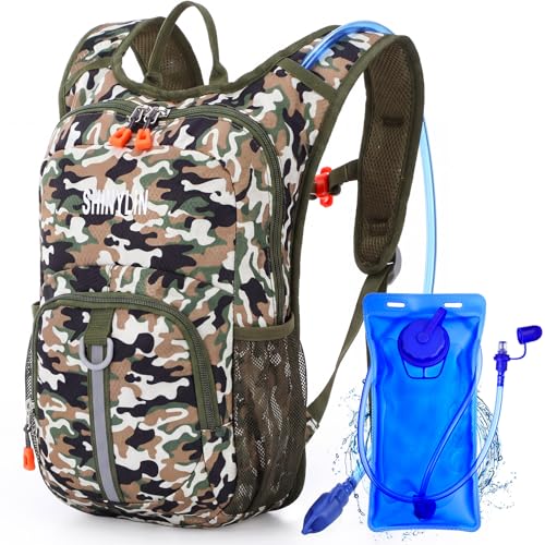 Shinylin Kids Hydration Backpack with 1.5L Water Bladder Hiking Backpack Lightweight for Boys or Girls Children Biking Climbing Running Cycling(Camo,Woodland Color)