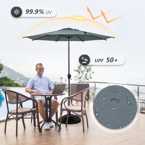 Image of Abba Patio 9FT Lyon Outdoor Patio Umbrella Outdoor Table Umbrella with Push Button Tilt and Crank Market Umbrella 8 Sturdy Ribs UV Protection Waterproof for Garden Deck Backyard Pool Grey