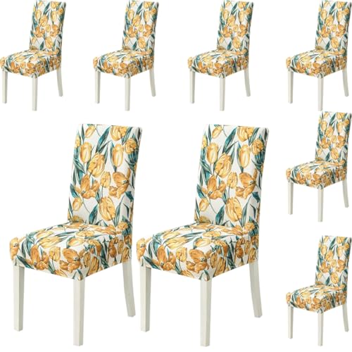 Image of Styleys Chair Covers for Dining Room, Stretch Dining Chair Cover, Washable Spandex Kitchen Chair Slipcovers (Set of 8, Orange Tulip, SD3210)